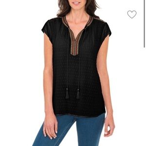 Boho Peasant Embroidered Swiss Dot Short Cap Sleeve Black Top Size Medium